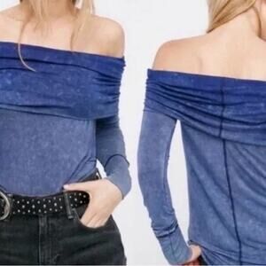 Free People Cowl Neck Off The Shoulder Washed Stretch Long Sleeve Top